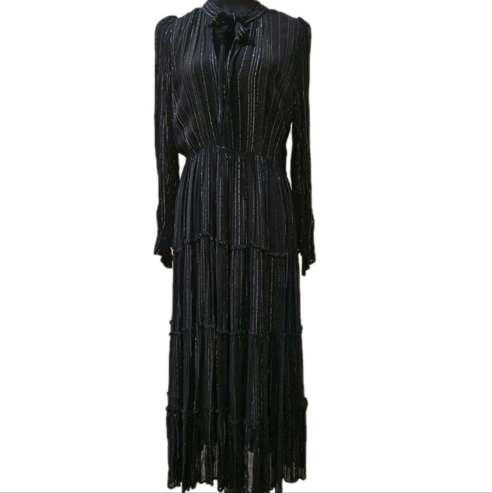 Chic Black Long Sleeve Dress with Subtle Metallic Stripes- Size Large